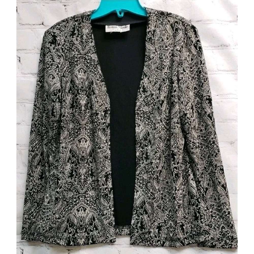 Vtg Ronni Nicole Ouida M-L Pet  Womens Black Silver Sparkel party Stretch Jacket